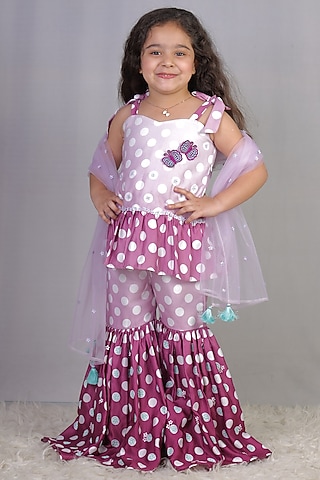 Purple Cotton Embroidered Sharara Set For Girls by Vivedkids