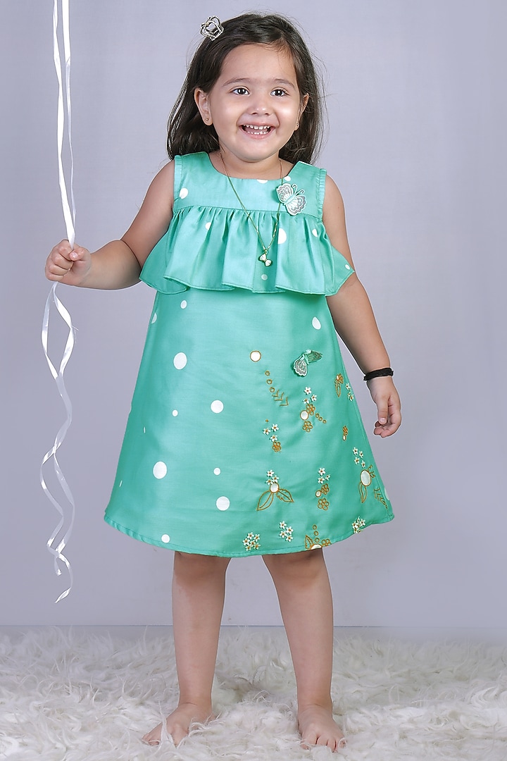 Sea Green Hand Embroidered Dress For Girls by Vivedkids