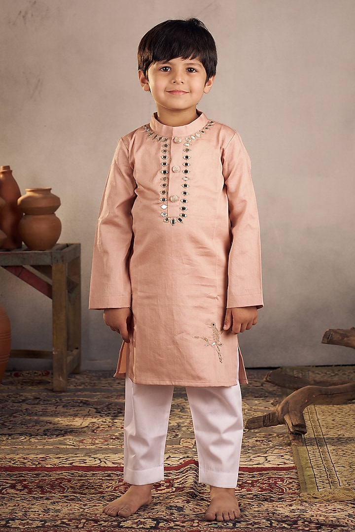 Peach Cotton Embroidered Kurta Set For Boys by Vivedkids