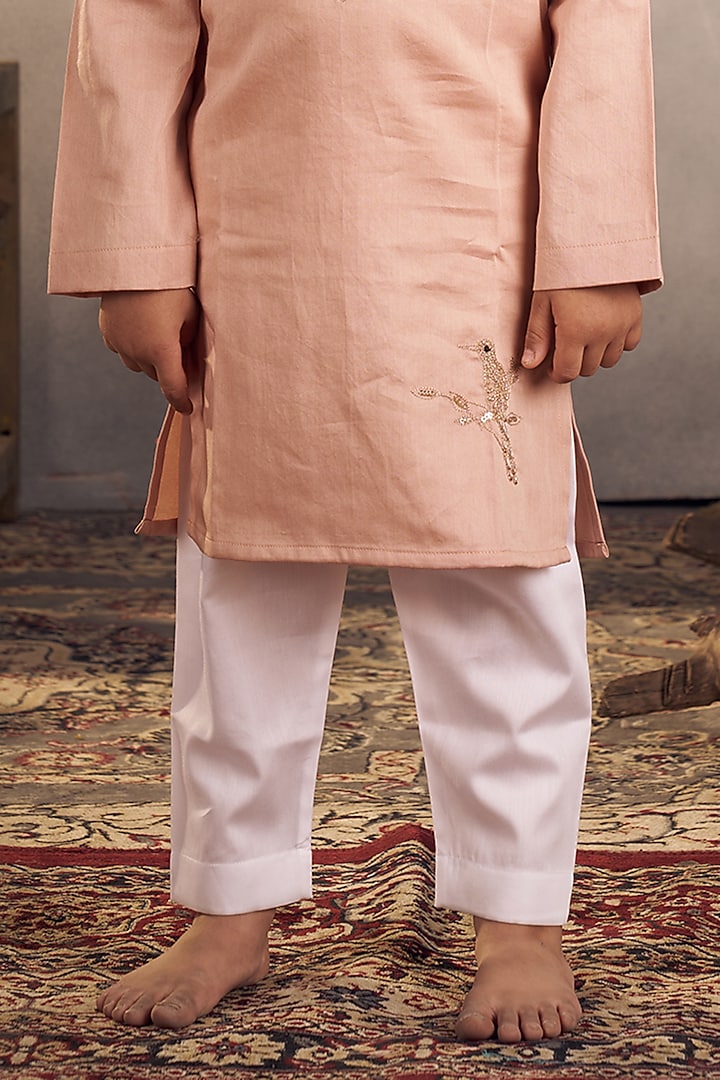 Peach Cotton Embroidered Kurta Set For Boys by Vivedkids at Pernia's Pop Up Shop