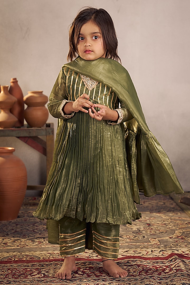 Olive Green Tissue Gota Work Anarkali Set For Girls by Vivedkids