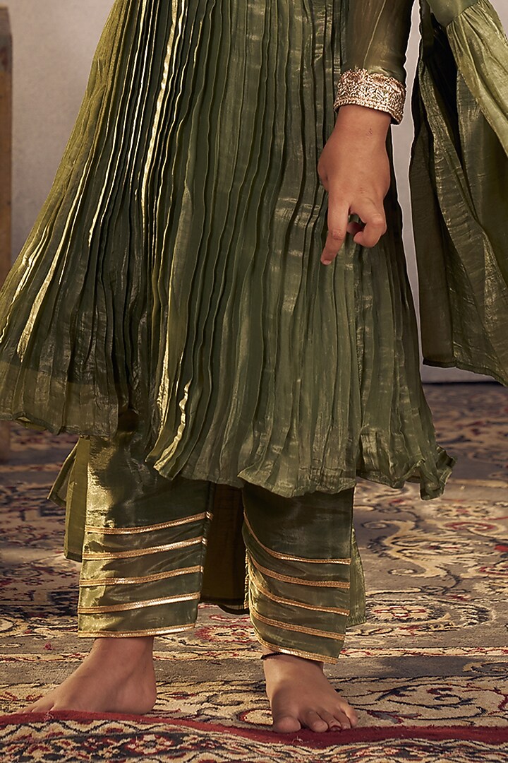 Olive Green Tissue Gota Work Anarkali Set For Girls by Vivedkids at Pernia's Pop Up Shop