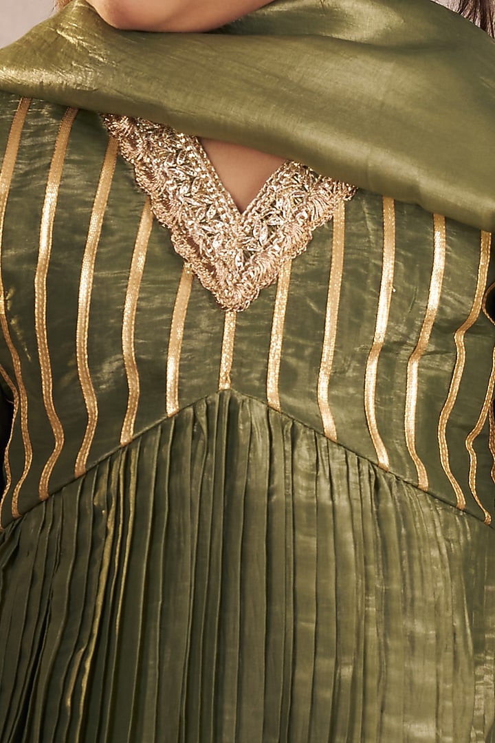 Olive Green Tissue Gota Work Anarkali Set For Girls by Vivedkids at Pernia's Pop Up Shop