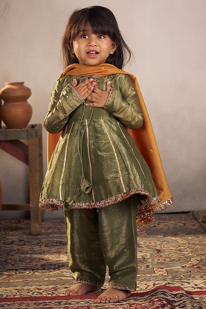 Olive Green Tissue Gota Work Kurta Set For Girls by Vivedkids