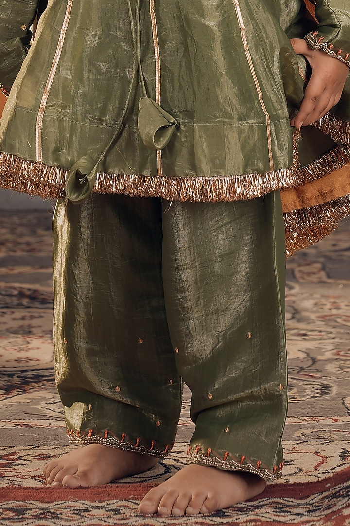 Olive Green Tissue Gota Work Kurta Set For Girls by Vivedkids at Pernia's Pop Up Shop