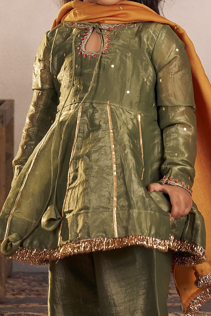 Olive Green Tissue Gota Work Kurta Set For Girls by Vivedkids at Pernia's Pop Up Shop