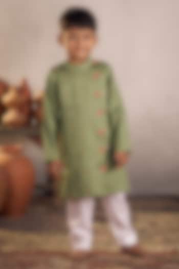 Olive Green Cotton Boota Hand Embroidered Kurta Set For Boys by Vivedkids
