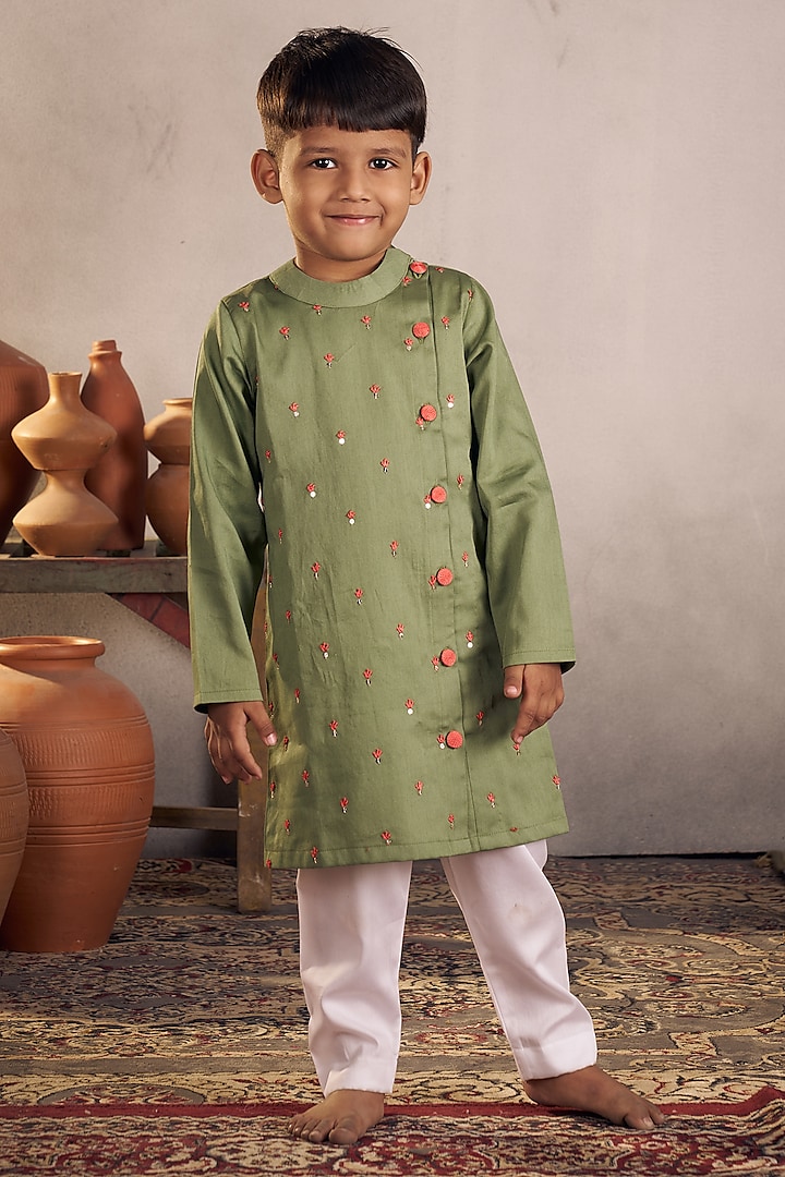 Olive Green Cotton Boota Hand Embroidered Kurta Set For Boys by Vivedkids