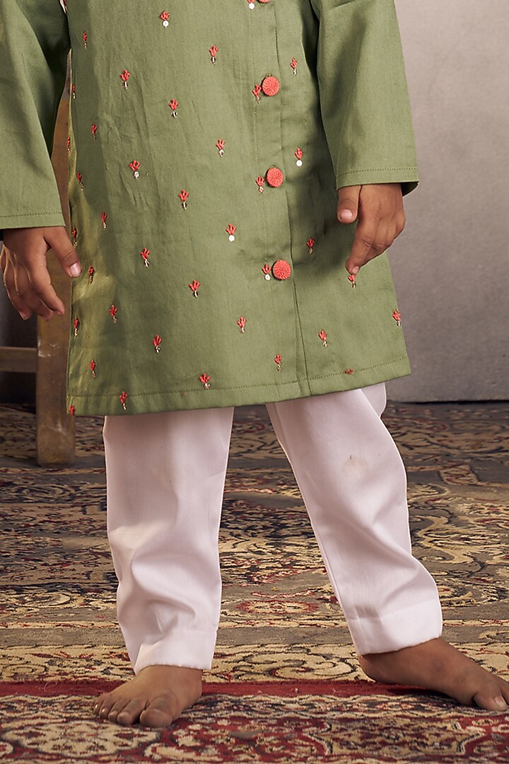 Olive Green Cotton Boota Hand Embroidered Kurta Set For Boys by Vivedkids at Pernia's Pop Up Shop