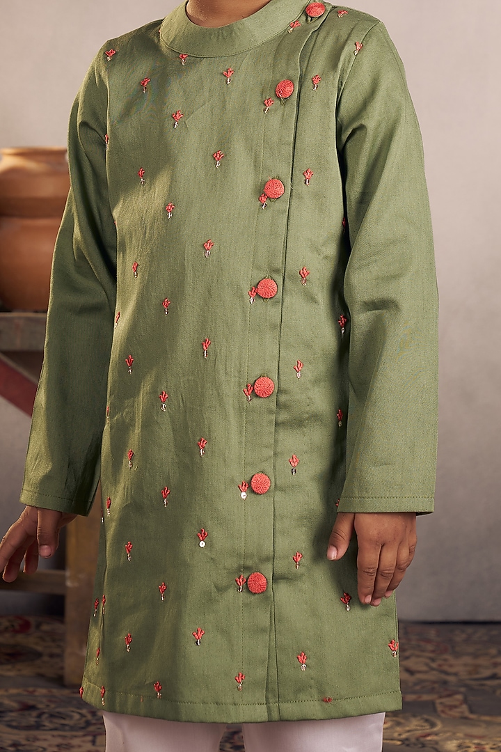 Olive Green Cotton Boota Hand Embroidered Kurta Set For Boys by Vivedkids at Pernia's Pop Up Shop