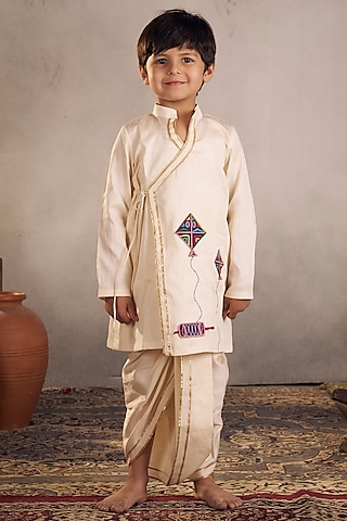 White Cotton Applique Motif Work Dhoti Set For Boys by Vivedkids