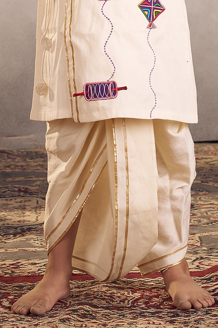 White Cotton Applique Motif Work Dhoti Set For Boys by Vivedkids at Pernia's Pop Up Shop