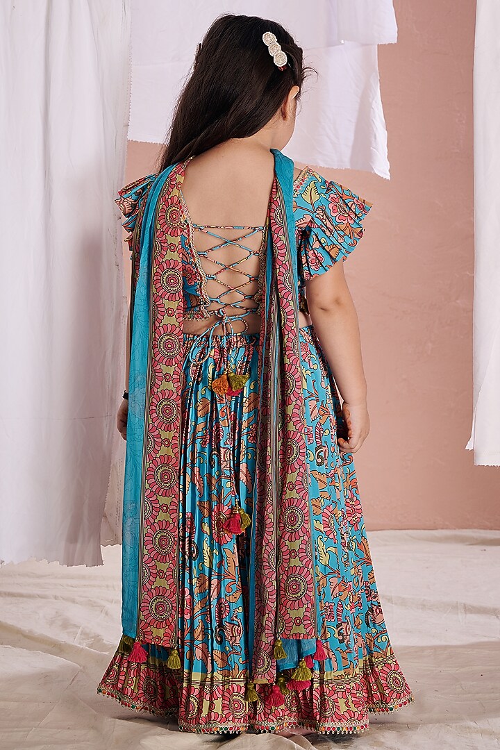 Blue Crepe Kalamkari Sharara Set For Girls by Vivedkids at Pernia's Pop Up Shop
