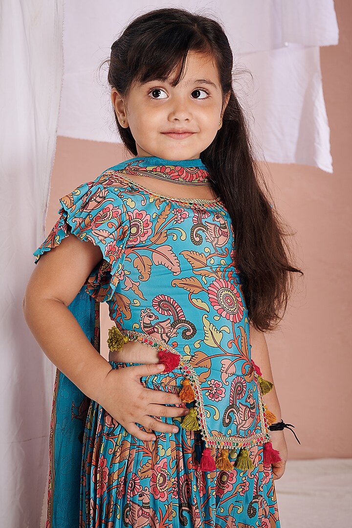 Blue Crepe Kalamkari Sharara Set For Girls by Vivedkids at Pernia's Pop Up Shop