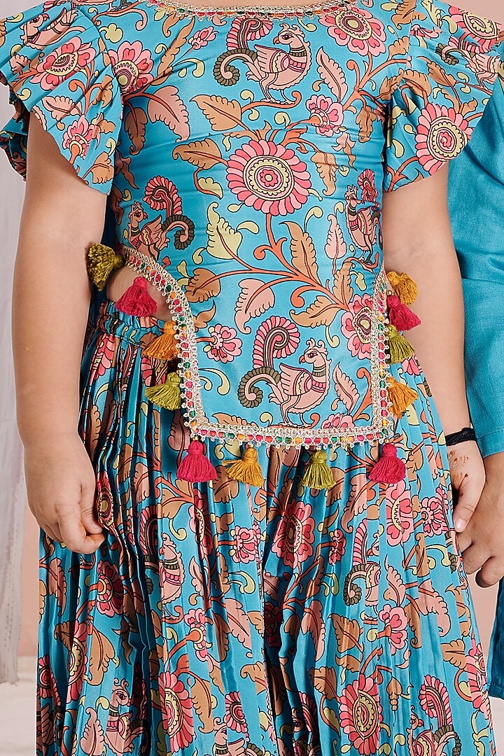 Blue Crepe Kalamkari Sharara Set For Girls by Vivedkids at Pernia's Pop Up Shop