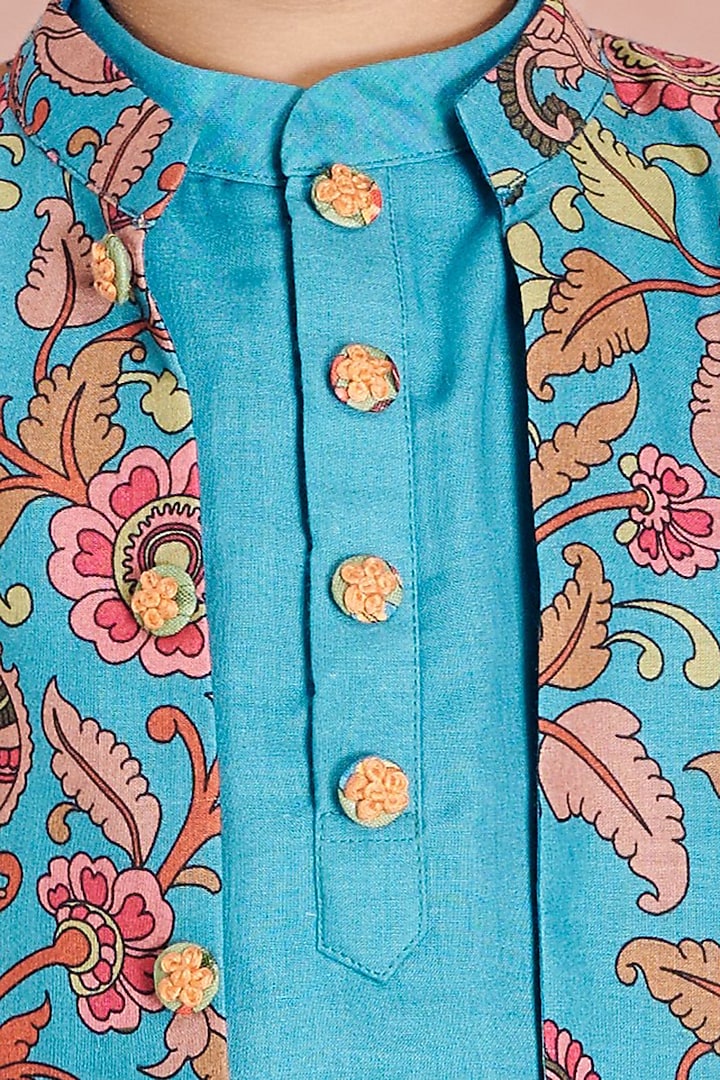 Bllue Cotton Kalamkari Bundi Jacket Set For Boys by Vivedkids at Pernia's Pop Up Shop