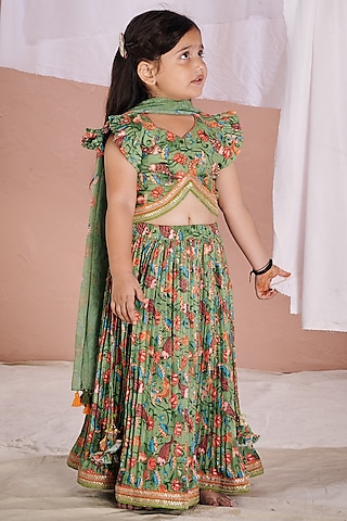 Green Linen Printed Lehenga Set For Girls by Vivedkids