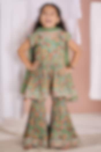 Green Crepe Printed Sharara Set For Girls by Vivedkids at Pernia's Pop Up Shop