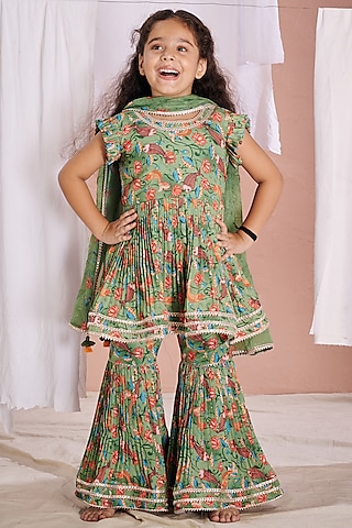 Green Crepe Printed Sharara Set For Girls by Vivedkids
