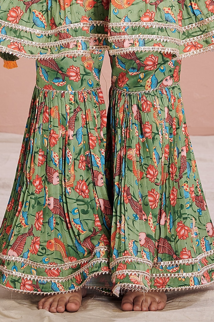 Green Crepe Printed Sharara Set For Girls by Vivedkids at Pernia's Pop Up Shop