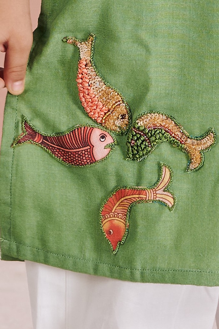 Green Cotton Patch Work Kurta Set For Boys by Vivedkids at Pernia's Pop Up Shop