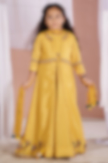 Yellow Crepe Printed Anarkali Set For Girls by Vivedkids