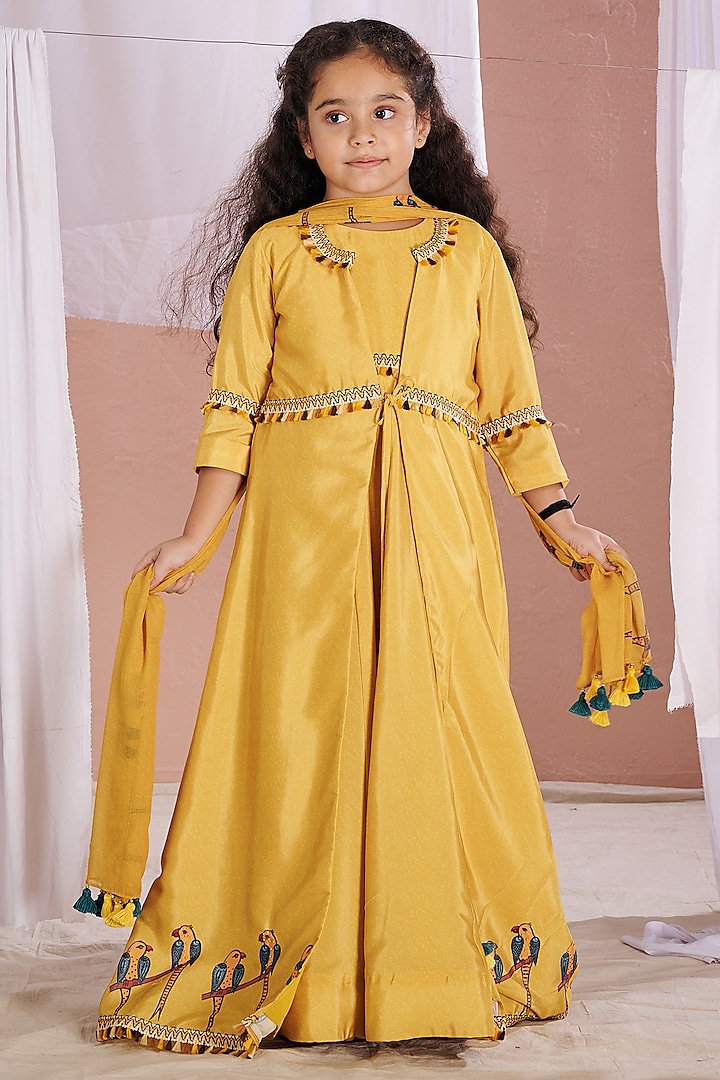 Yellow Crepe Printed Anarkali Set For Girls by Vivedkids