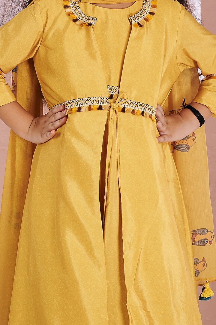 Yellow Crepe Printed Jacket Anarkali Set For Girls by Vivedkids at Pernia's Pop Up Shop