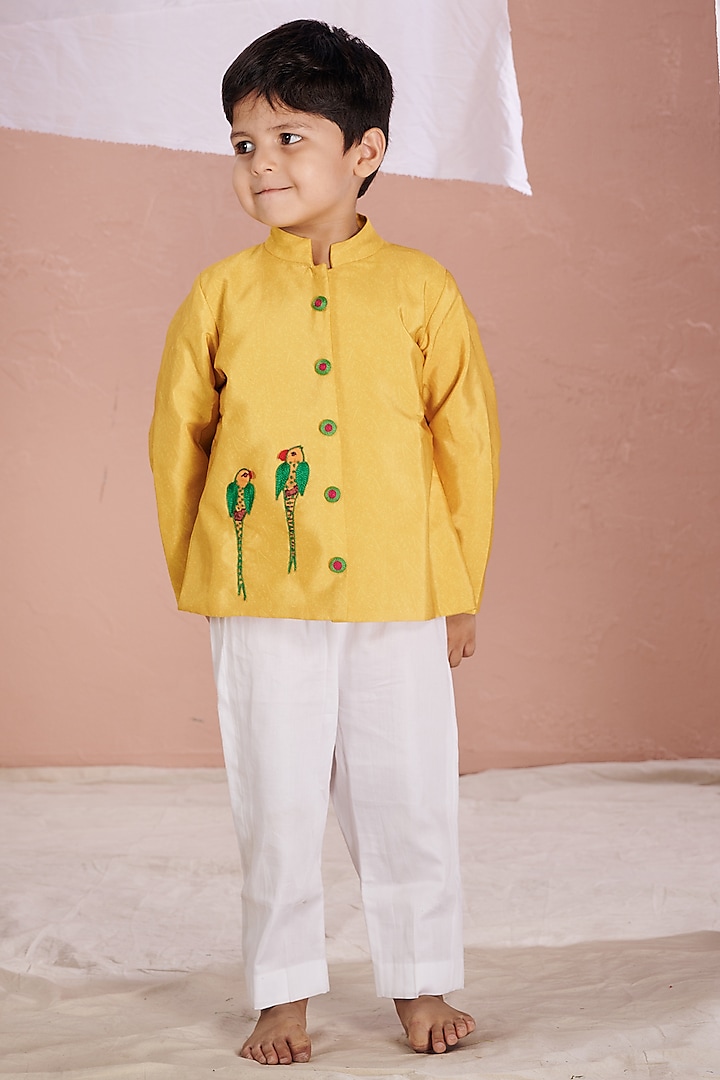 Yellow Crepe Embroidered Bandhgala Set For Boys by Vivedkids