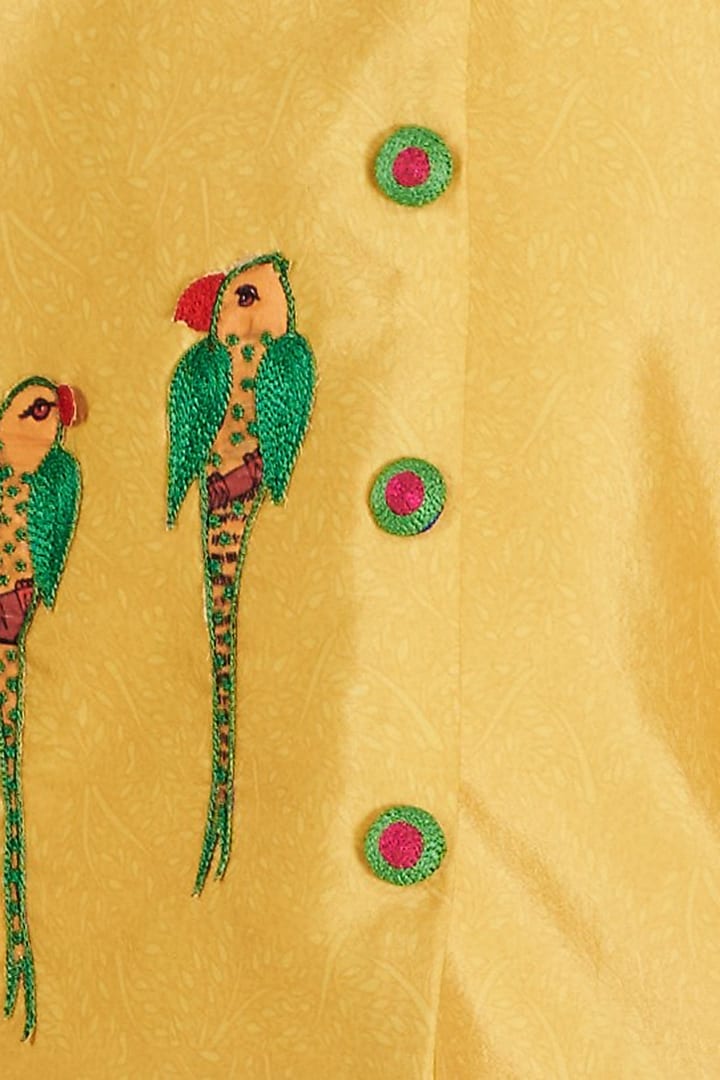Yellow Crepe Applique Work Bandhgala Set For Boys by Vivedkids at Pernia's Pop Up Shop