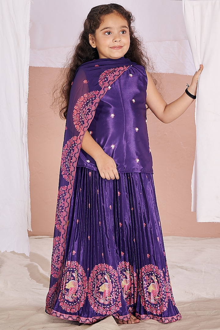 Purple Crepe Embroidered Kalamkari Lehenga Set For Girls by Vivedkids