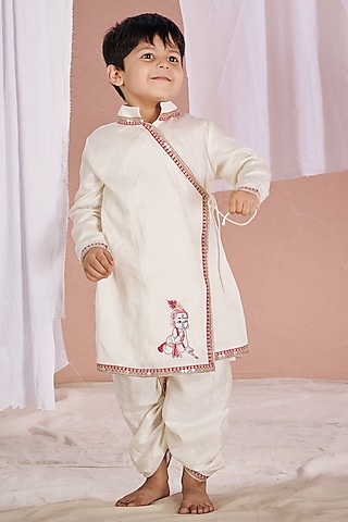 White Linen Hand Work Dhoti Set For Boys by Vivedkids