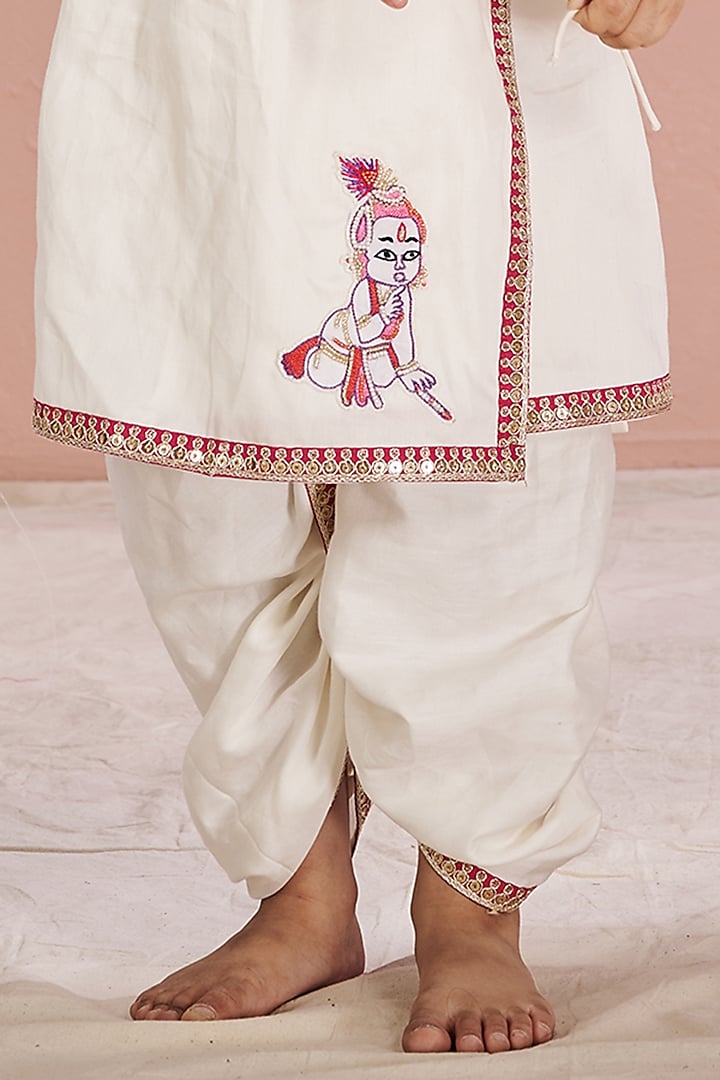 White Linen Hand Work Dhoti Set For Boys by Vivedkids at Pernia's Pop Up Shop