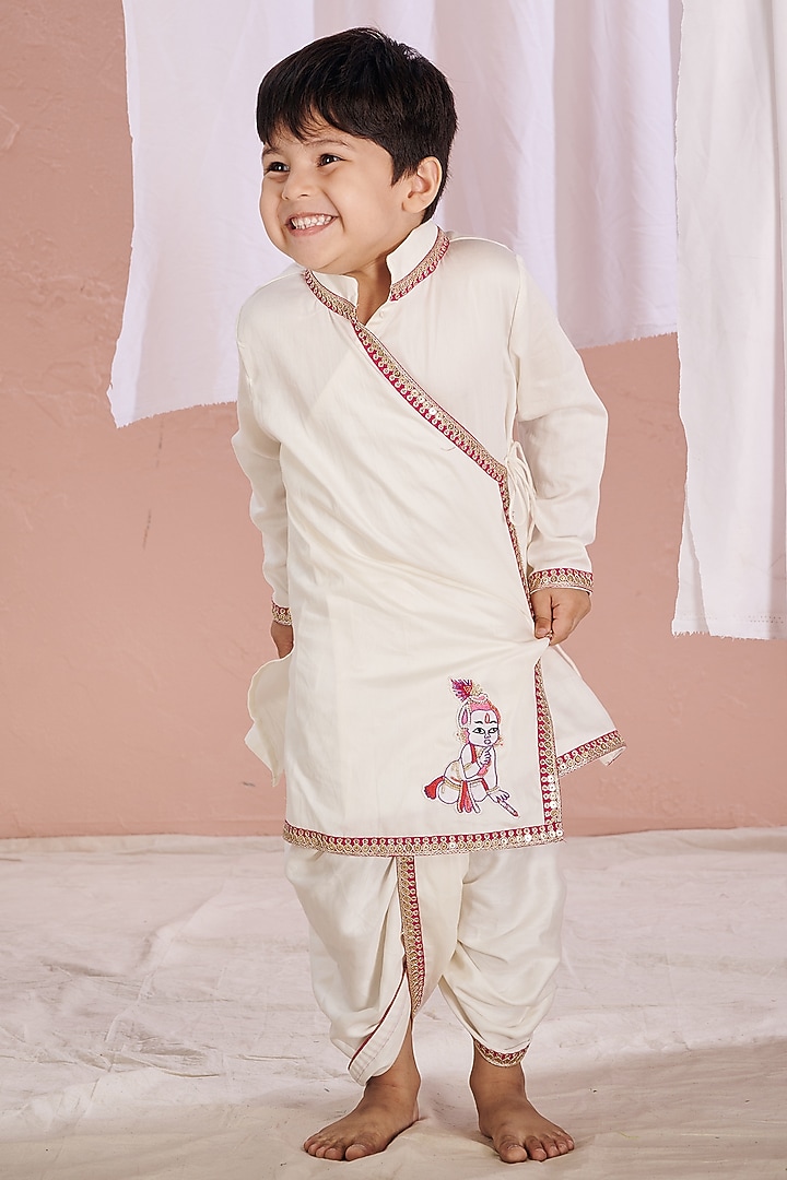 White Linen Hand Work Dhoti Set For Boys by Vivedkids at Pernia's Pop Up Shop