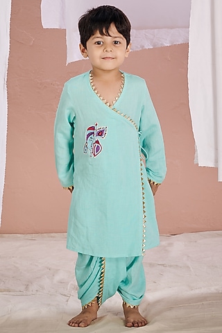 Blue Linen Gota Work Dhoti Set For Boys by Vivedkids