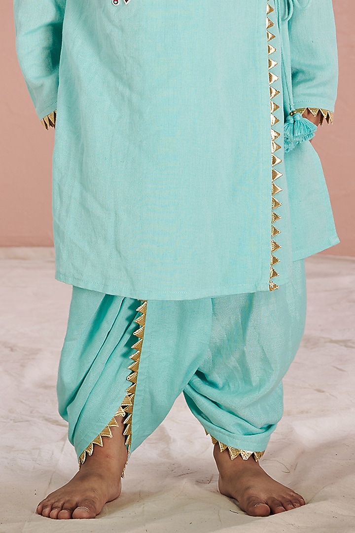 Blue Linen Gota Work Dhoti Set For Boys by Vivedkids at Pernia's Pop Up Shop