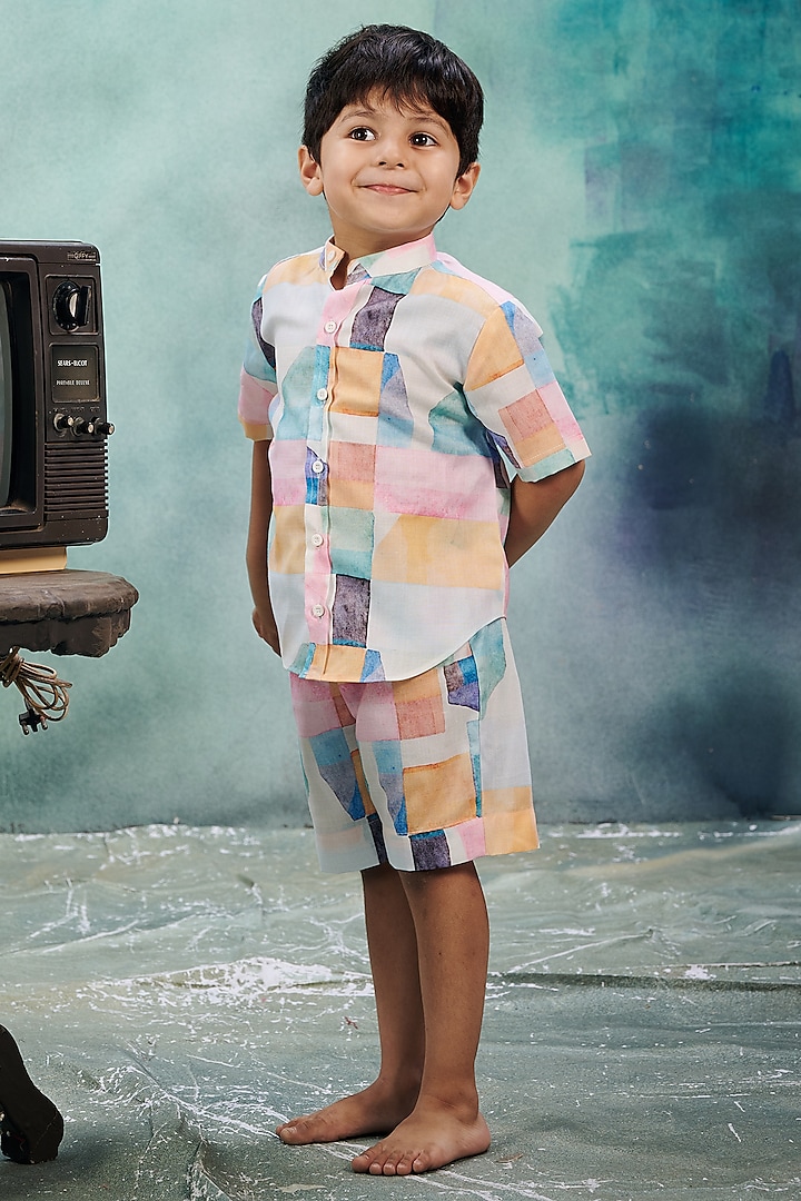 Multi-Colored Linen Printed Co-Ord Set For Boys by Vivedkids
