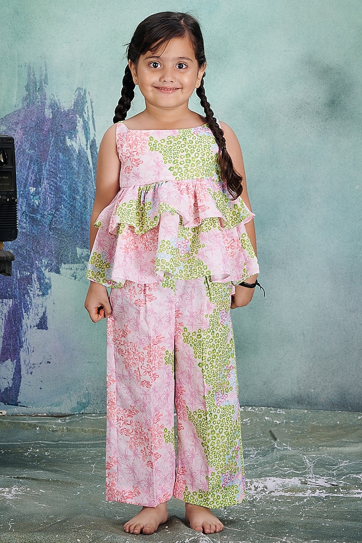 Green & Pink Linen Printed Co-Ord Set For Girls by Vivedkids