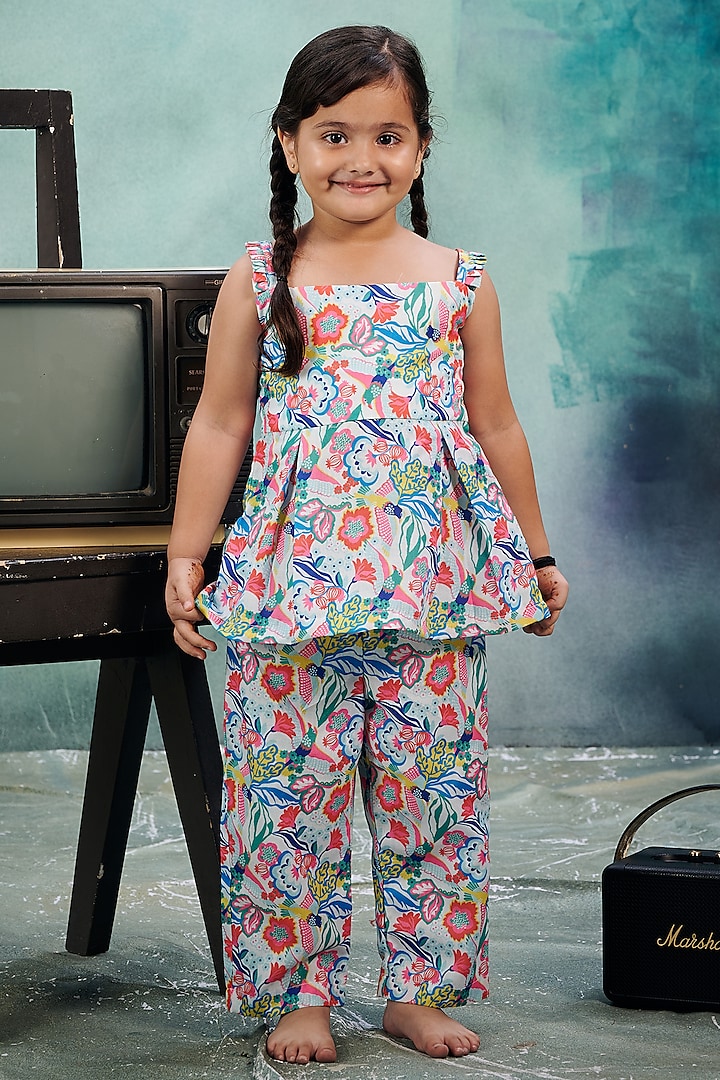 Multi-colored Linen Printed Co-Ord Set For Girls by Vivedkids