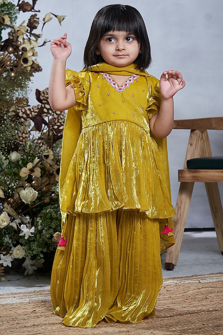 Lime Green Tissue Silk Sharara Set For Girls by Vivedkids at Pernia's Pop Up Shop