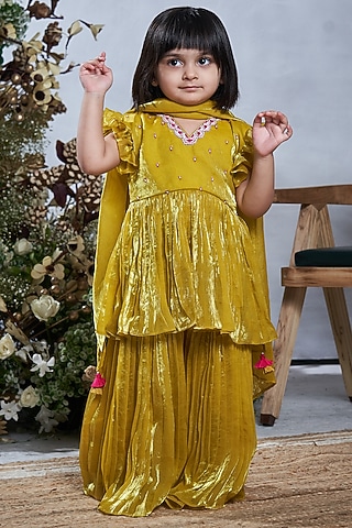 Lime Green Tissue Silk Sharara Set For Girls by Vivedkids