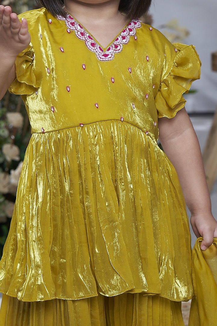 Lime Green Tissue Silk Sharara Set For Girls by Vivedkids at Pernia's Pop Up Shop