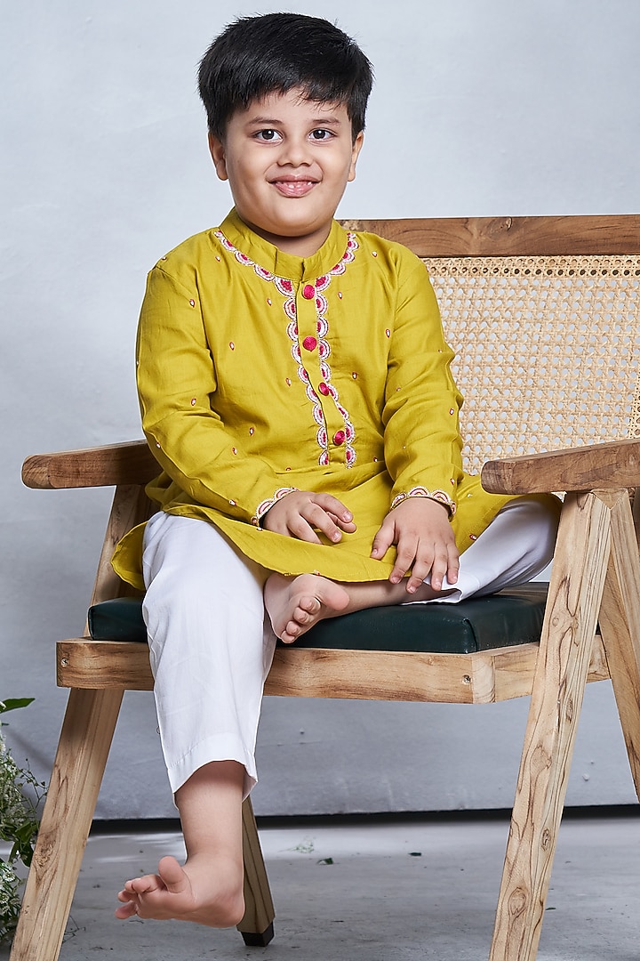 Lime Green Cotton Kurta Set For Boys by Vivedkids
