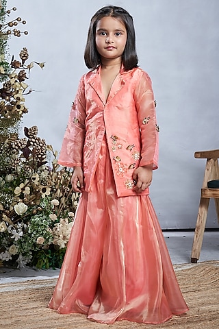 Peach Tissue Sharara Set For Girls by Vivedkids