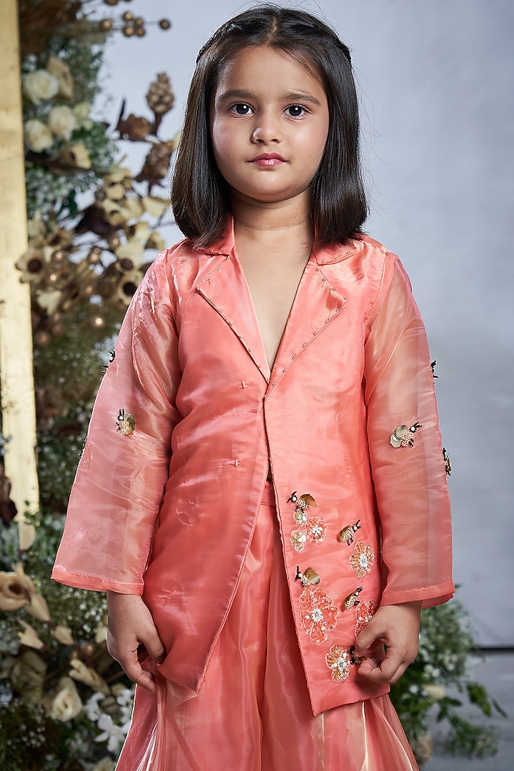 Peach Tissue Sharara Set For Girls by Vivedkids at Pernia's Pop Up Shop