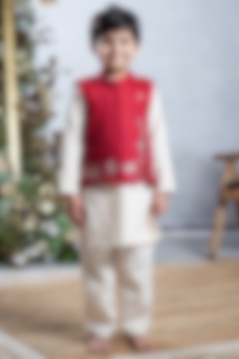 Dark Pink Cotton Bundi Jacket Set For Boys by Vivedkids