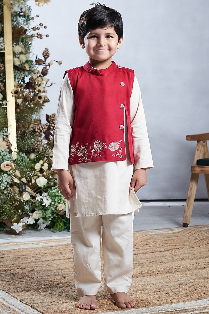 Dark Pink Cotton Bundi Jacket Set For Boys by Vivedkids