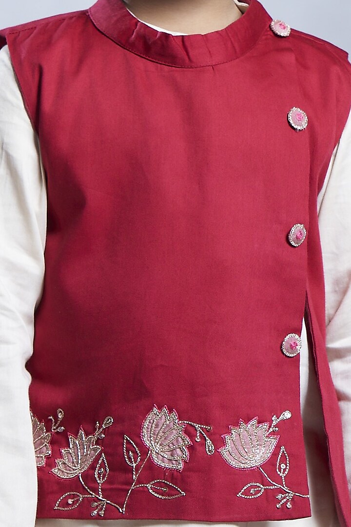 Dark Pink Cotton Bundi Jacket Set For Boys by Vivedkids at Pernia's Pop Up Shop