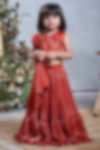 Rust Orange Crepe Tissue Lehenga Set For Girls by Vivedkids at Pernia's Pop Up Shop