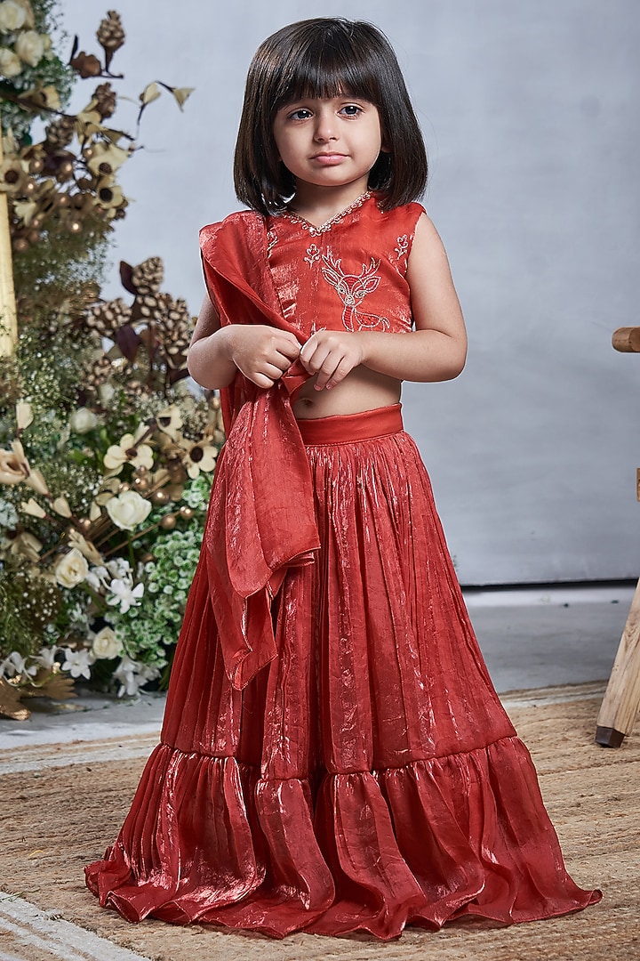 Rust Orange Crepe Tissue Lehenga Set For Girls by Vivedkids at Pernia's Pop Up Shop